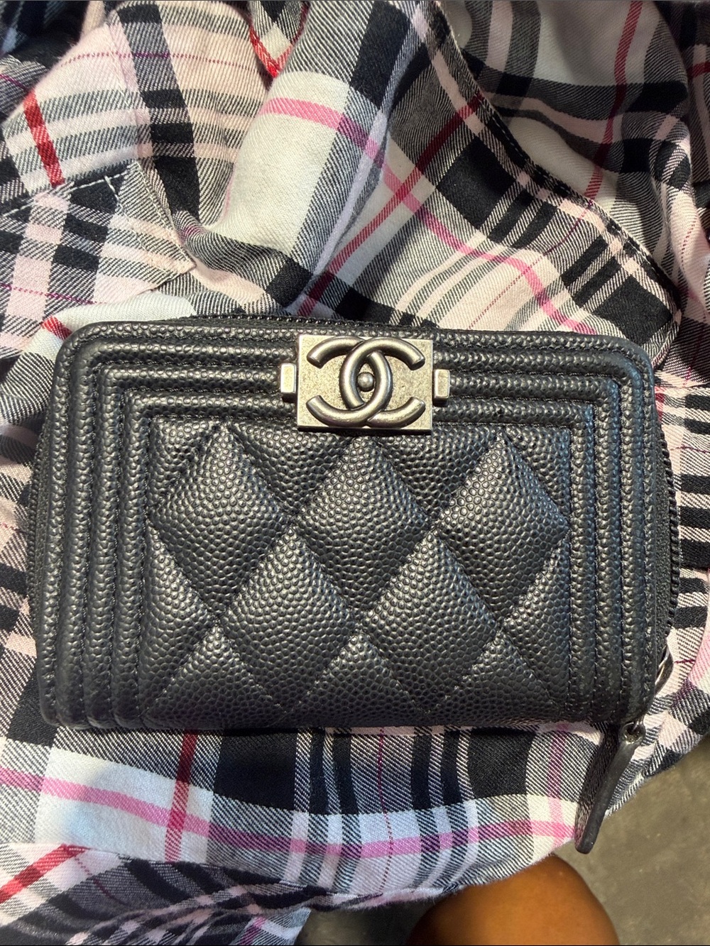 CHANEL Quilted Caviar Leather boy Zip aroundWallet with Silver CC Hardware
